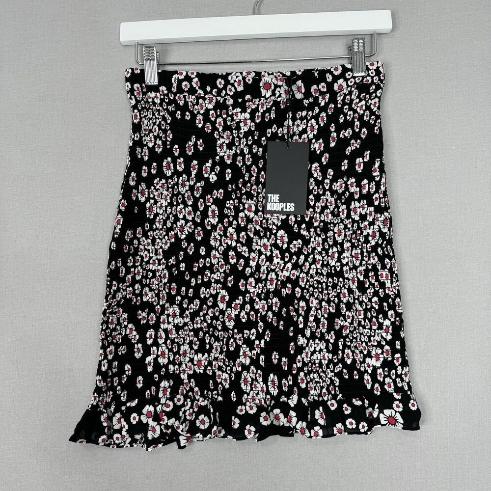 The‎ Kooples Anthro Womens Skirt Medium Black Smocked Floral Ruffle Fitted Boho